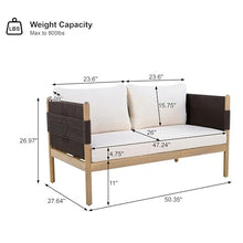 Outdoor Acacia Wood Loveseat with Handwoven Diamond Rope Weave and Cushions, Light Teak Finish Patio Sofa with Black Rope Panels and Cream Fabric for Garden, Balcony, Terrace and Outdoor Lounge