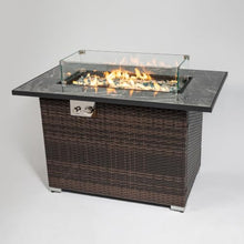 WOCFYK 44" Propane Gas Fire Pit Table, 50000 BTU Rectangular Fire Pit, Tile Tabletop with Beautiful Wicker Base for Outside Patio Deck Garden Courtyard-Brown