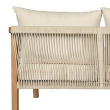 Armen Living Cypress Outdoor Patio Sofa in Blonde Eucalyptus Wood and Light Gray Rope with Ivory Olefin Cushions