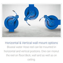 BLUSEAL BSWR5850 Retractable Hose Reel with 5/8" x 50' Hot Water Rubber Hose, 6' Lead-in, 500 PSI, Brass Fittings, Swivel Mount Hose Reel, 9 Pattern Spray Nozzle