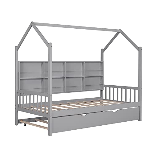 Acosure Metal House Bed Frame with Roof and Slats Support, Montessori Design, Full Size, Grey