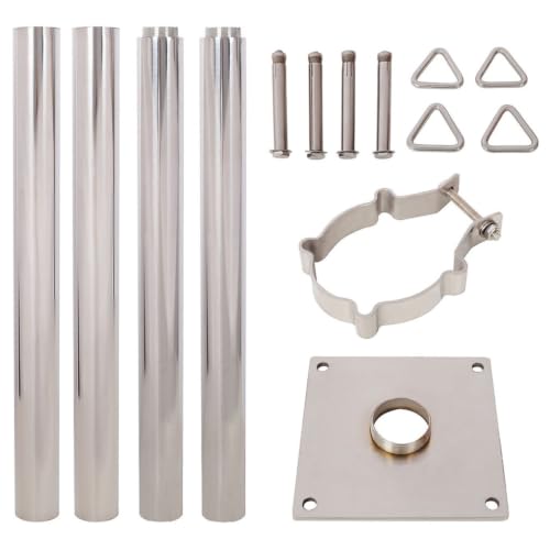 GRERON 12FT Sun Shade Sail Pole, 304 Stainless Steel Shade Sail Post with Base Plate, Adjustable Triangular Ring Clamp System, Heavy Duty Canopy Pole Kit for Patio, Backyard, Garden & Deck, Silver