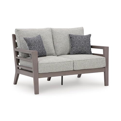 Signature Design by Ashley Hillside Barn Outdoor Loveseat with Cushion, Heavy Duty Wind Resistant, Resin Polymer and Nuvella+ Fabric Porch Couch for Patio and Sunroom, Gray/Brown, 55" W