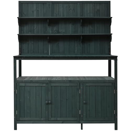 Potting Bench with Hutch, 50.2" Solid Fir Wood Garden Workstation, Large Countertop, 2 Shelves, 2 Cabinets, 3 Side Hooks, Outdoor Planting Table for Gardening, Forest Green