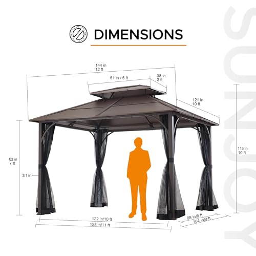 Sunjoy Hardtop Gazebo 10x12 ft Outdoor Heavy Duty Steel Frame Brown