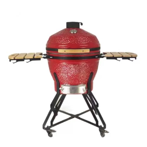 26in Ceramic BBQ Grill, Ceramic Smoker with Stainless Steel Grates,Thermometer, 2 Wooden Handle,Outdoor Cooking,Camping,Picnic(E,24in)