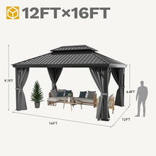 DWVO 12x16ft Hardtop Gazebo Double Roof with Netting and Curtains Gray