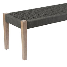 Hassyee Natural Eucalyptus Wood Frame Garden Bench w/Charcoal Woven Rope Seat for Backyard, All Weather Outdoor Patio Bench w/Solid Wood Frame & Open Weave Structure for Porch, Poolside