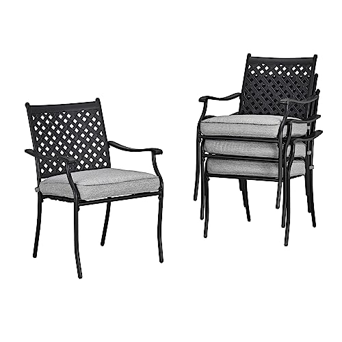LOKATSE HOME Patio Dining Chairs Set of 4, Stackable Metal Wrought Iron Outdoor Chairs with Armrests & Thick Grey Cushions, All-Weather Heavy Duty Furniture for Garden, Backyard, Deck & Balcony