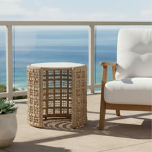 Armen Living Driftbay Natural Rattan Round Outdoor Side Table with Sintered Stone Table Top