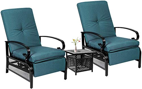 Skiway Outdoor Patio Recliner with Hand-Woven Wicker,Rust-Resistant Frames and Small Side Table Set of 3(Peacock Blue),2 seats