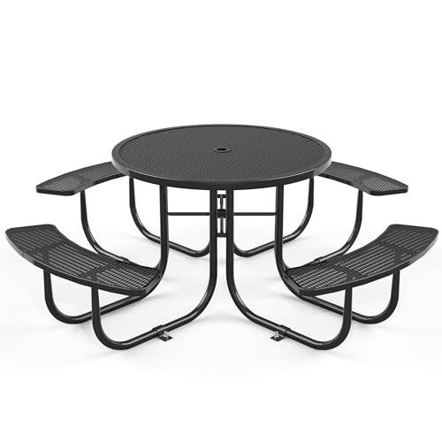 WZONICE98 46" Round Outdoor Steel Picnic Table with Umbrella Hole Black Mesh Picnic Table for Patio, Garden, Camping, Seats 4-6 Adults