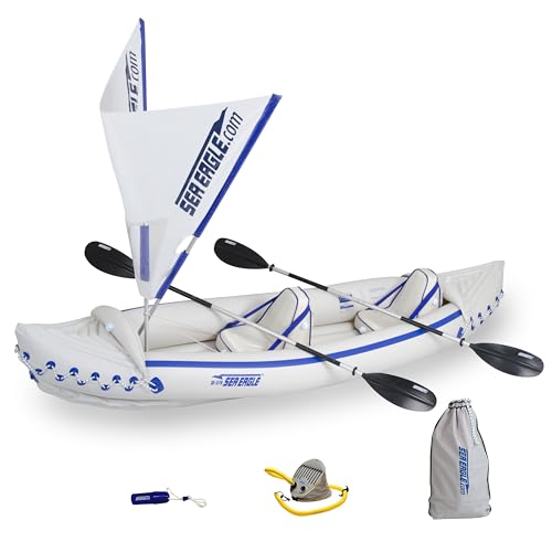 Sea Eagle SE370 Inflatable Sports Kayak 1-3 Person with Seats, Paddles, Bag Blue/White