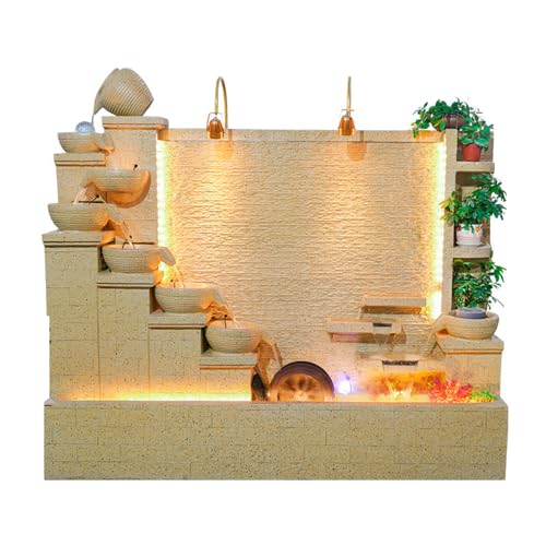Elegant Stone Waterfall Fountain with LED Lights and Planter Shelves – Dual Sides for Indoor and Outdoor Zen Garden Decoration, 63 inch-79 inch Height Options(A+Beige)