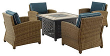 Crosley Furniture Bradenton 5-Piece Wicker Outdoor Patio Set with Propane Fire Pit, Brown with Navy Cushions