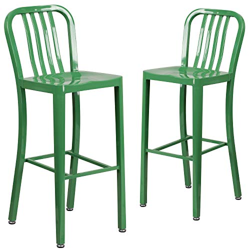 Flash Furniture Gael Commercial Grade 2 Pack 30" High Green Metal Indoor-Outdoor Barstool with Vertical Slat Back