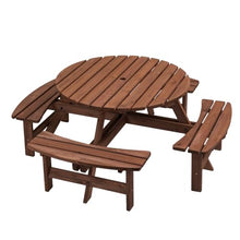 Sturdy Outdoor Picnic Table with Integrated Benches for Backyard, Patio, Garden and Camping Use – Rust-Resistant Steel Frame & Weatherproof Wood Composite Top (NEW 8-Person Wooden Round Table Brown)