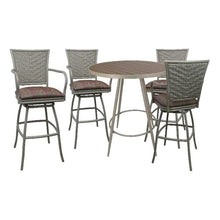 Pemberly Row Outdoor/Indoor Pub Set, 30 in Bar Height Stools with Arms, 36 in Round Table, UV Powder-Coated Beige Frame, Multi Sun Stripe Fabric, Durable Customizable Furniture for Patio or Bar Spaces