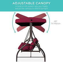 3-Seat Outdoor Large Converting Canopy Swing Glider, Patio Hammock Lounge Chair for Porch,Porch Swing Backyard w/Flatbed, Adjustable Shade, Removable Cushions - Burgundy sadr3