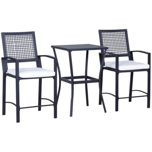 Hassyee 3 Pieces Black Steel Patio Bar Set with Square Bar Table and Thick Cushions for Poolside, Lawn, Outdoor Furniture Set with Rattan Wicker Backrests for Backyard