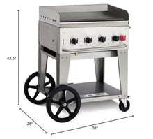 Crown Verity CV-MG-30-NG 38" Wide Natural Gas Mobile Griddle with 64 500 BTU/H 4 Burners 28" Cooking Surface Pro Griddle Plate with Stainless Steel Splash Guard and Removable Gr
