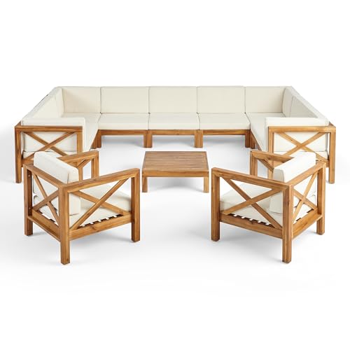 Christopher Knight Home Brava Outdoor Acacia Wood 11 Seater Sectional Patio Sofa Furniture Chat Conversation Sets with Cushions and Coffee Table, 28 "W x 30.25 "D x 26.5 "H, Teak + Beige