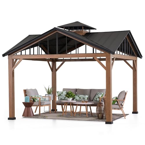 Sunjoy 12.5 x 12.5 ft. Hardtop Gazebo Brown Steel 2-Tier Outdoor with Ceiling Hook