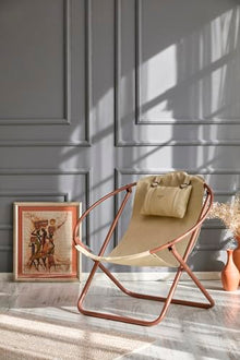 Mern Living Leather Folding Chair - Luxury Papasan Chair, Sling Accent Chair, Round Saucer Chair for Patio, Garden, Beach, Living Rooms and Bedrooms, Modern Furniture (Faux Leather, Beige)