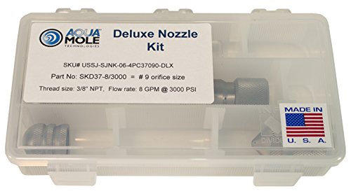 Aqua Mole 4pc Sewer Squad Deluxe Jetter Nozzle Kit 3/8in. NPT 3000 PSI 9.0 Orifice Thruster Flusher Degreaser & Roto Spinner