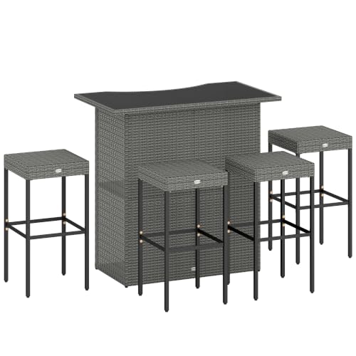 Outsunny 5 Piece Wicker Outdoor Bar Set with Glass Table Top Dark Gray