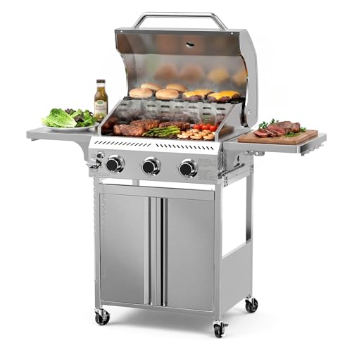 COWSAR 3 Burner Propane Gas Grill, 24,000 BTU Outdoor BBQ Grill with Side Table, Porcelain-Coated Cast Iron Grates, Removable Grease Tray for Backyard Cooking