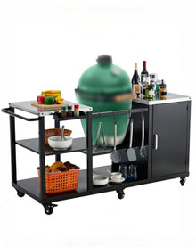 Outdoor Grill Cart Table for Big Green Egg & Kamado Joe Classic, Heavy Duty 920LBS BBQ Prep Station with Stainless Steel Top, Cabinet, Shelves, Spice Rack, Paper Towel Holder and Trash Bag Holder