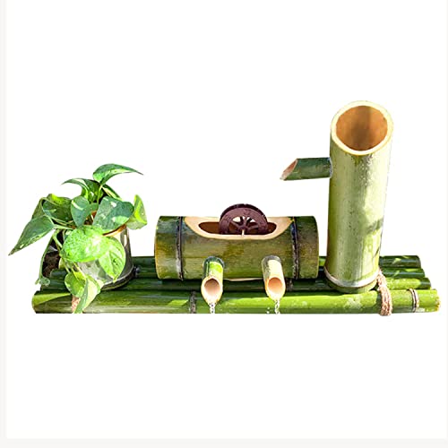Relaxing Tabletop Waterfall Fountain, Handcrafted Bamboo Water Fountain with Water Wheel, Natural Bamboo Decor for Indoor and Outdoor Garden Fountain,50cm