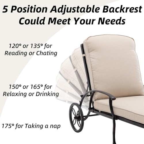 Luccalily Chaise Lounge Patio Chair Set of 2 with Wheels, Adjustable Reclining, Rust-Resistant Aluminum, Waterproof Beige Cushion