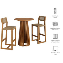 Modway Reed Teak Wood Patio 3-Piece Outdoor Bar Set in Natural - Round Bar-Height Table and 2 Bar Stools with Faux Rattan Seat and Back