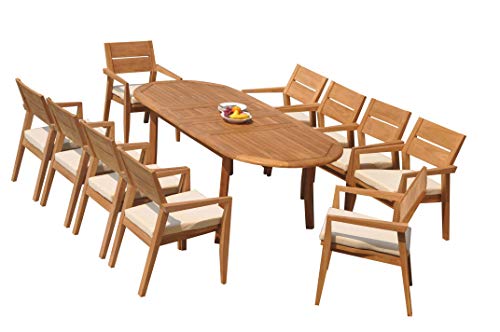 11 PC A Grade Outdoor Patio Teak Dining Furniture Set - 94" Double Extension Oval Table & 10 Cellore Stacking Arm Chairs