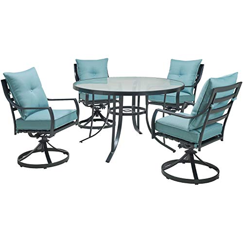 Hanover Lavallette 5-Piece Outdoor Dining Set with Swivel Rocker Chairs and Glass-Top Table Blue