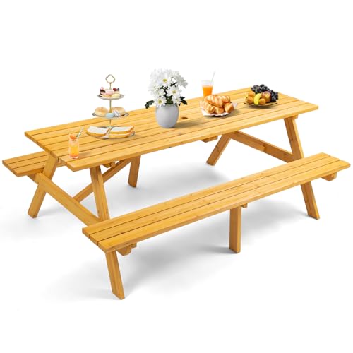 Zevemomo 8-Person Wood Picnic Table, Rectangle Tabletop with Umbrella Hole