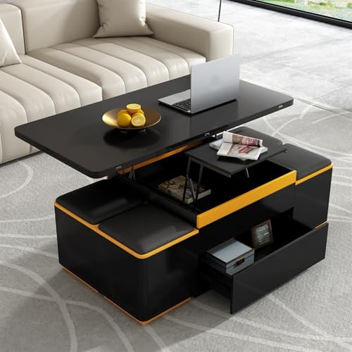 Lift-Top Coffee Table with Storage Stools, Modern Space Saving Center Table with Foldable Top, Large Long Rectangular Center Tables, Multi-Functional Adjustable Coffee Table for Living Room (Black)