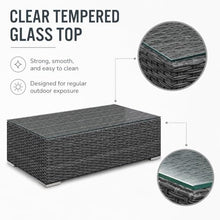 Golden Flame Long Outdoor Coffee Table, Rectangular Patio Wicker Coffee Table with Tempered Glass Top, HDPE Resin Wicker, Aluminum Frame, Brushed Aluminum Feet, Textured Slate