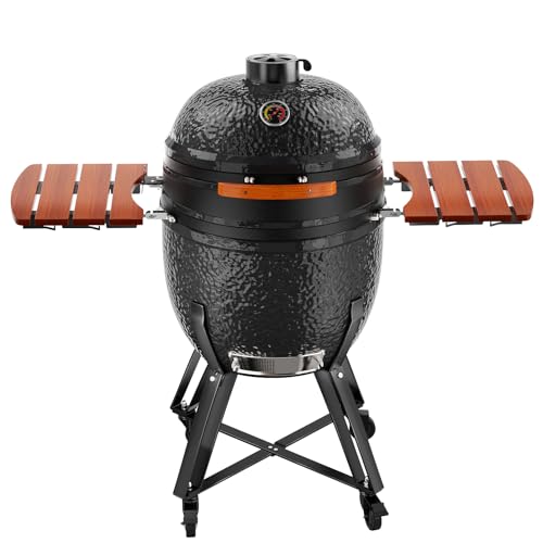 HAUSVITA 23.5‘’ Ceramic Grill, Portable Camping Grill with Cart and Side Shelves, Tabletop Barbecue Grill for Home Party and Outdoor Backyard Cooking, Black