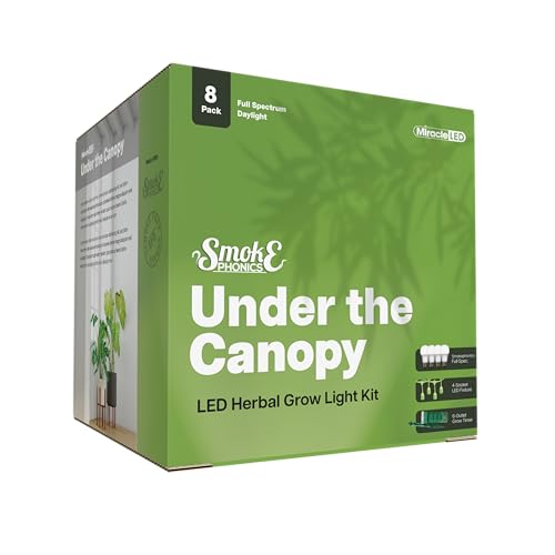 Miracle LED Smokephonics Indoor Grow Light Kit - Double Plant Yield - Full Spectrum 150W Replacement Bulbs with 4-Socket Fixture & Timer (8-Pack)