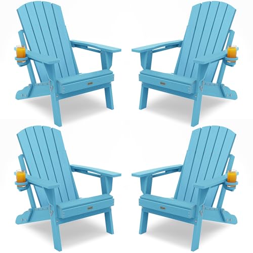 POWERWOOD Adirondack Chair with Cup Holder: Adirondack Chairs set of 4 Plastic HDPE Material Furniture - Composite Fire Pit Chairs Foldable for Outdoor/Backyard/Garden/Lawn/Deck/Porch/Patio