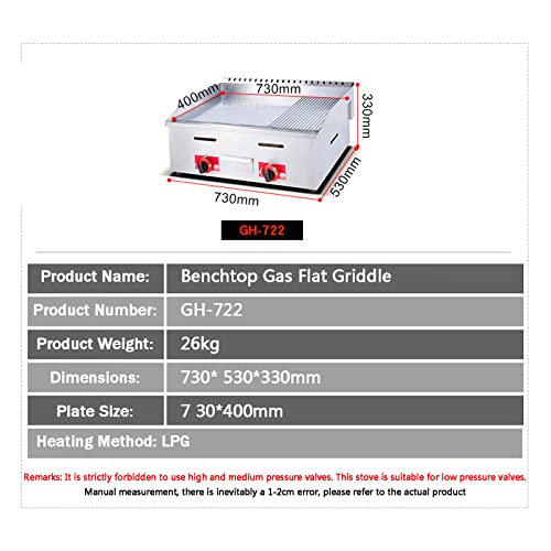 Gas Griddle LPG Commercial Stainless Steel Heavy Duty Restaurant Outdoor Griddle Gas Baking Plate Burger Grill Large Non-Stick Burners Flat Hot Plate and Can Cook for Medium to High Volumes,722