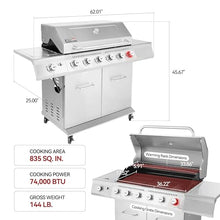 Royal Gourmet GA6402S 6-Burner Propane Gas Grill with Side Burner, Silver