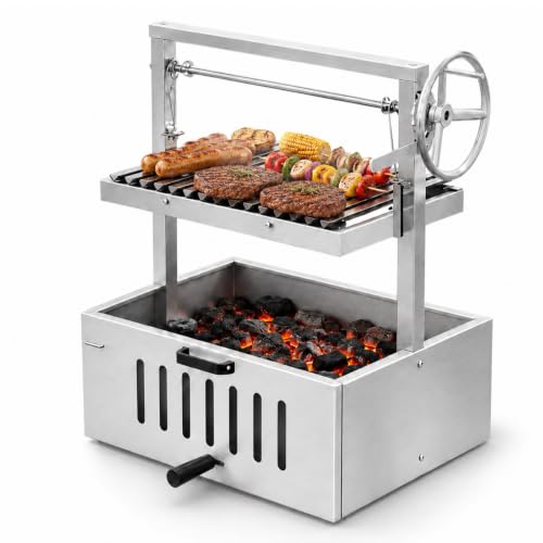 Outdoor Charcoal Grill, Hand-Crank Height Adjustment, Stainless Steel 201StainlessSteel