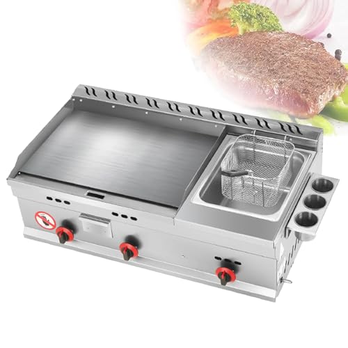 Commercial Gas Griddle, Countertop Flat Top Griddle Stainless Steel Grill, Teppanyaki Fry Pan with Adjustable Temperature, Kitchen LPG Gas Grill for Outdoor Catering