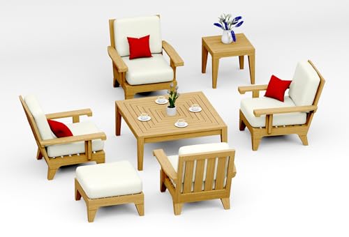 TeakStation 7 Pc Teak Wood Lounge Chair Set: 4 Lounge Chairs, Ottoman, Square Coffee Table & Side Table with Cushions in Outdoor Sunbrella Fabric #5404 Canvas Natural