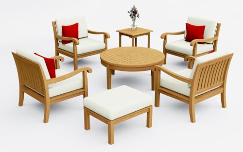 TeakStation 7 Pc Teak Wood Lounge Chair Set: 4 Lounge Chairs, Ottoman, Round Coffee Table & Side Table with Cushions in Outdoor Sunbrella Fabric #5404 Canvas Natural
