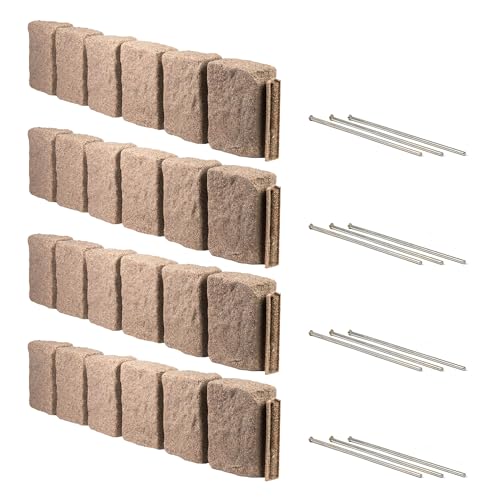 Beuta Landscape Edging | Garden Edging Border | Polyrock Block XL for Lawn Edging, Flower Beds & Yard Edging – 4 Pack | Each Section Has 6 Blocks 48" L x 4" W x 9.5" H | 12 Spikes | Sandstone